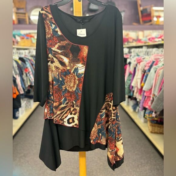 Creation Ladies med Black & Earth tone Bloack Print Blouse NEW - Picture 1 of 8